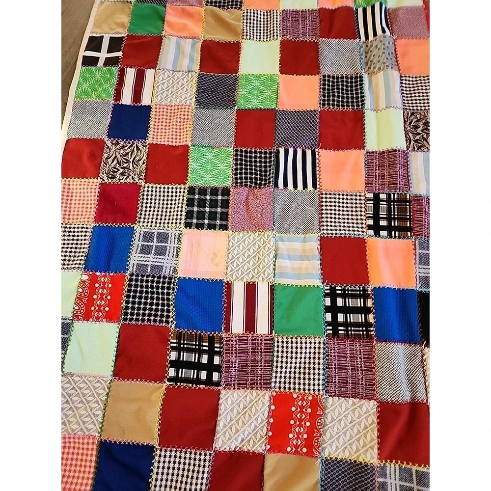 Vtg 60s 70s Patchwork squares Quilt Handmade Colorful Blanket 90